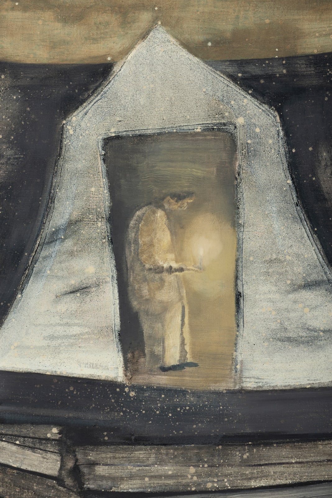 An oil on canvas depicting two figures standing inside of a dilapidated house