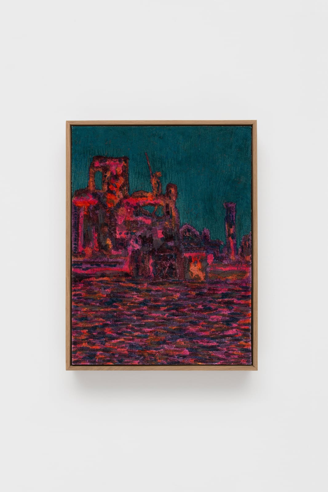painted image of an abstracted scene of ruins colored deep turquoise and bright maroon