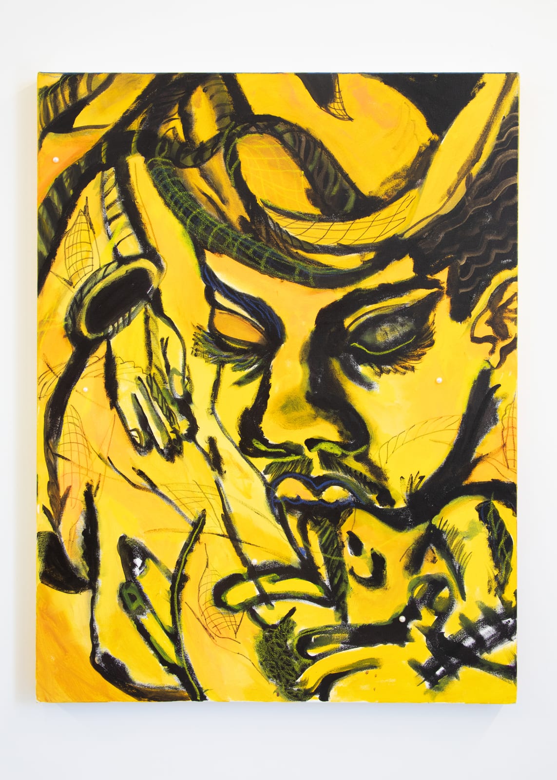 Mixed media piece depicting an angry figure's face.