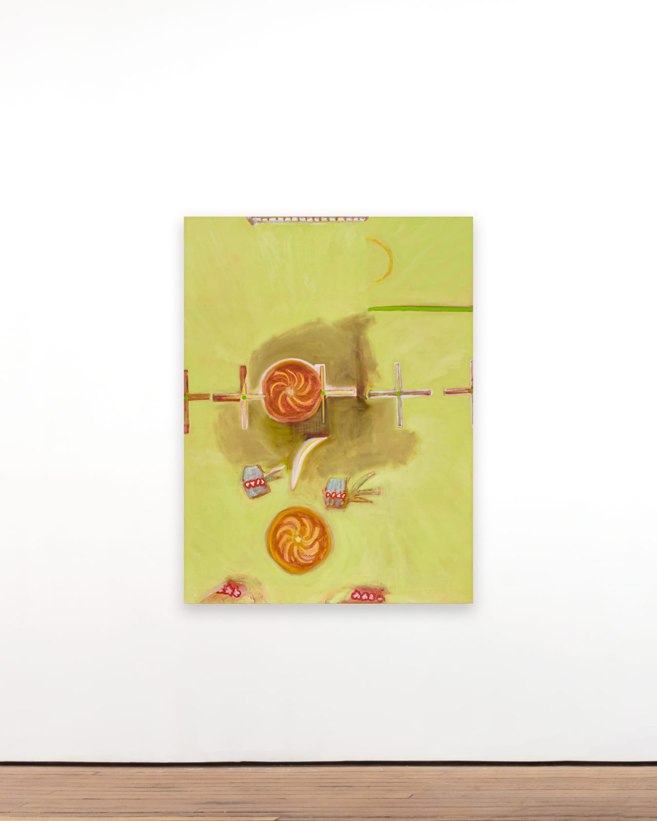 abstract painting with a light grassy green background ornamented with organic shapes, two of which are standout orange swirling rounds