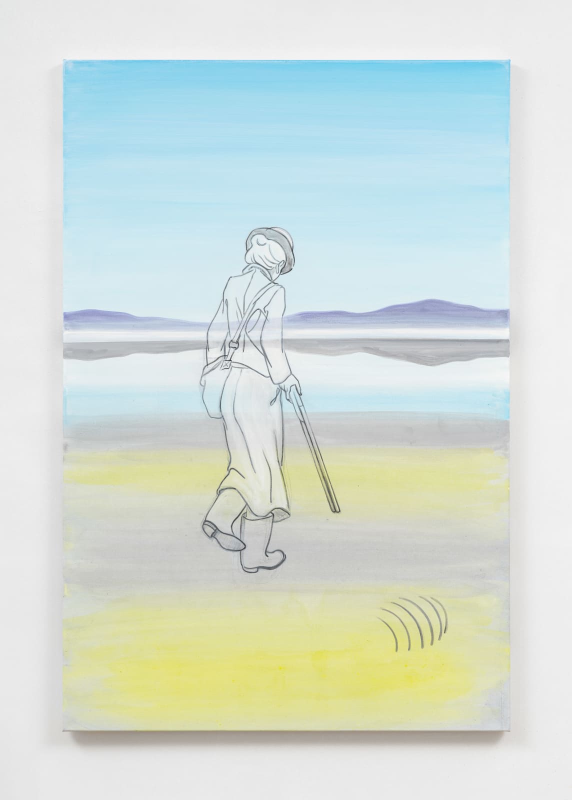 acrylic painting depicting a translucent figure walking through a blue and yellow landscape