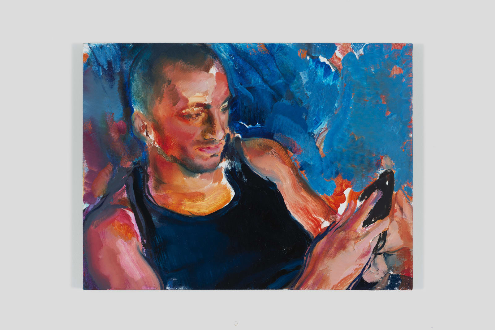 oil painting depicting a lounging man looking at a cellphone