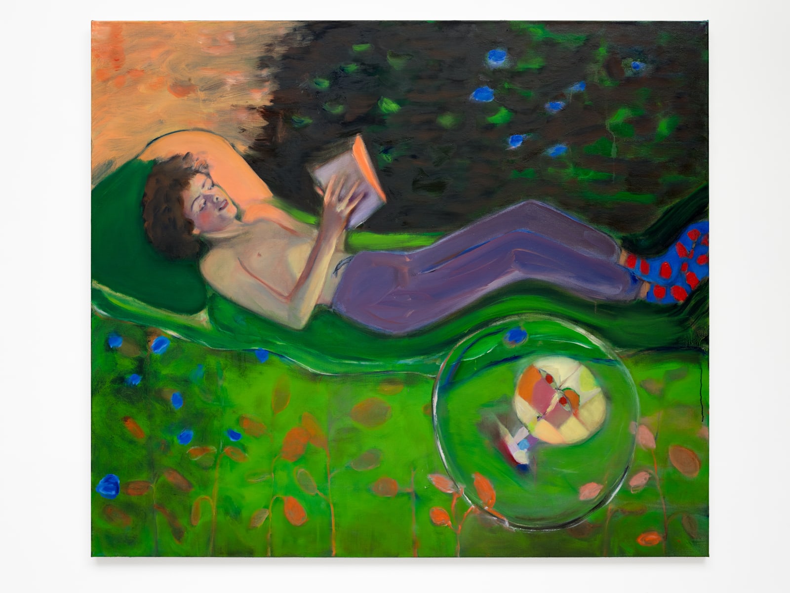 oil painting depicting a boy reclining in a garden and reading a book.