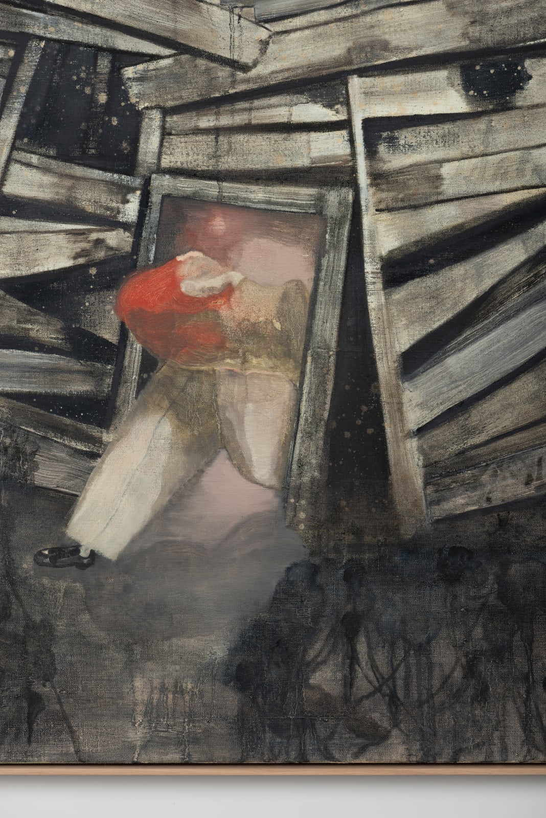 An oil on canvas depicting two figures standing inside of a dilapidated house