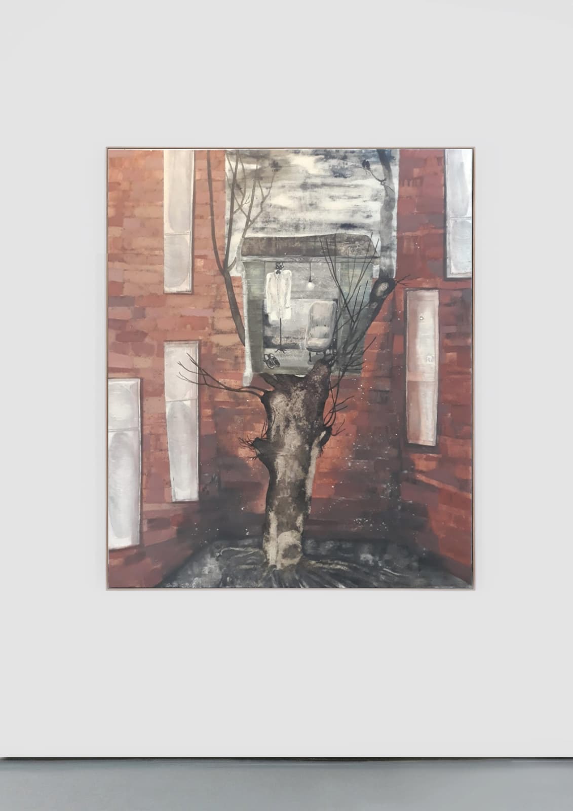 An oil on canvas of a house breaking through a brick wall.
