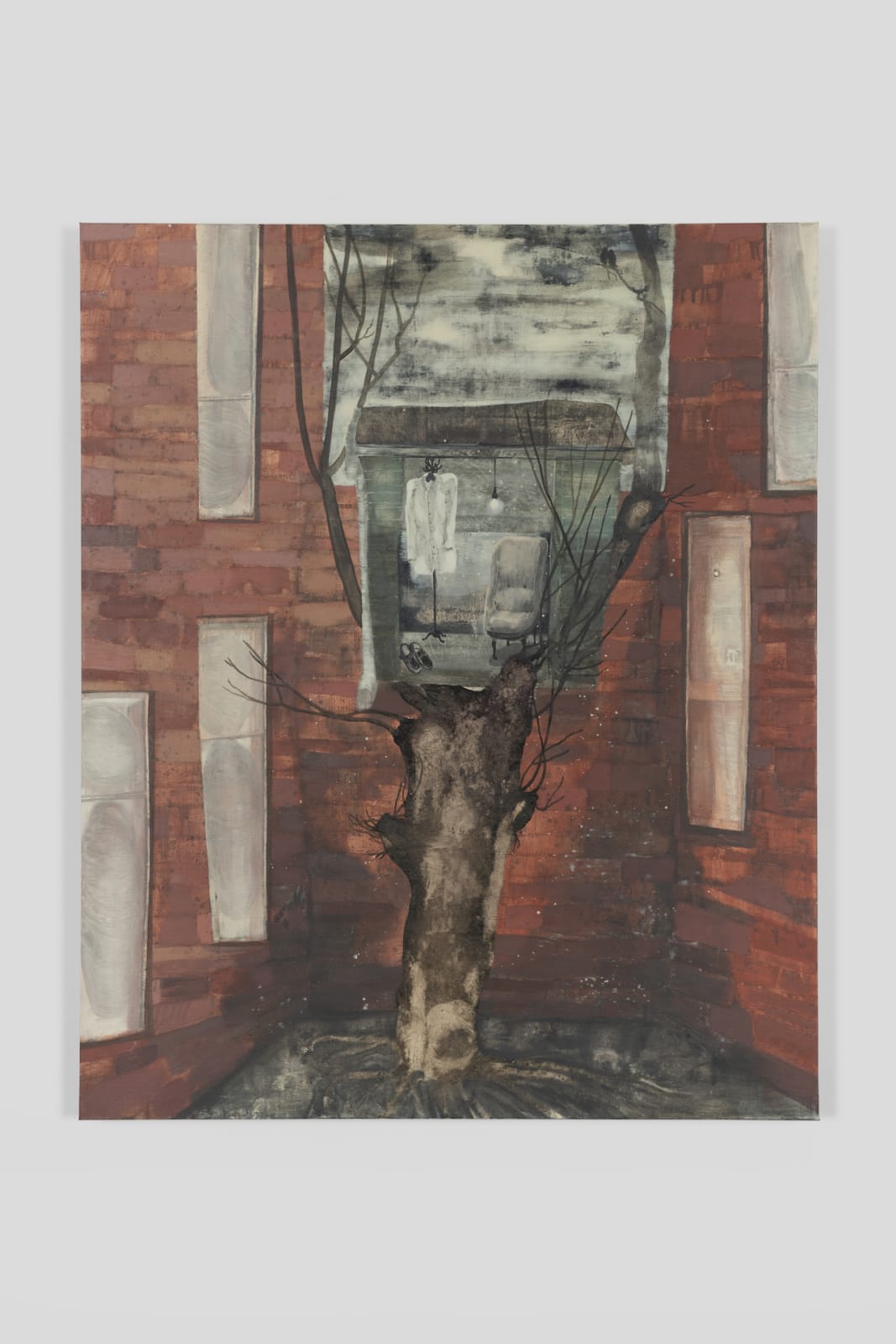 An oil on canvas of a house breaking through a brick wall.