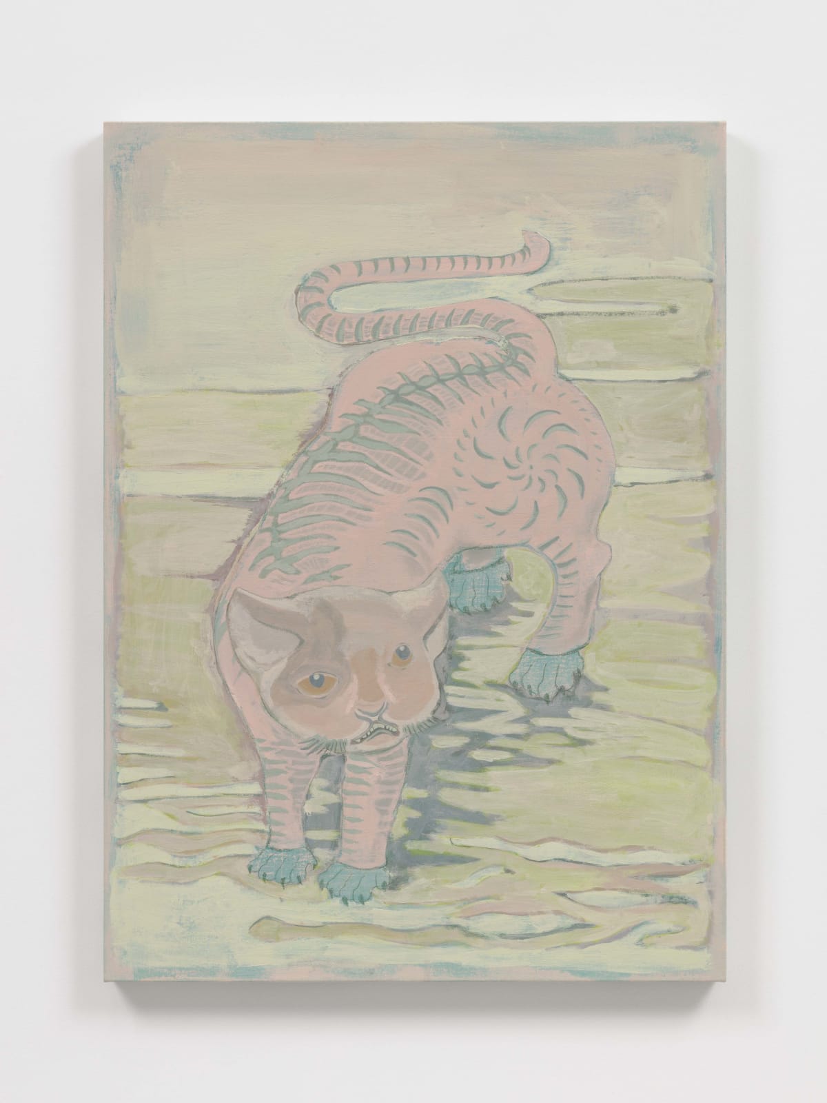 mixed media painting of a cat standing in water