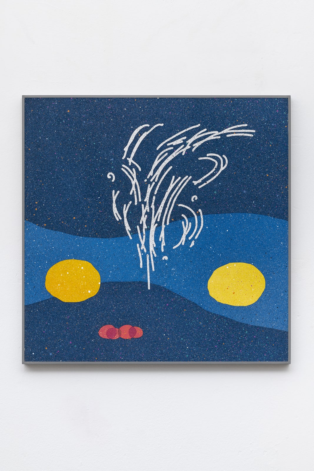 A mixed media image of an abstract landscape. the background is characterized by two shades of blue, upon which are two rounded yellow shapes. in the center are a collection of bending white lines, and two connected organic red shapes.