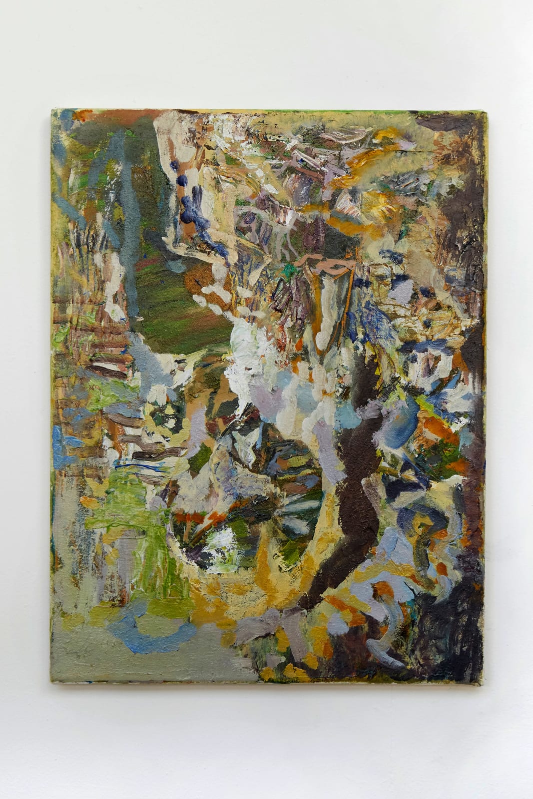 an abstract image with various expressionistic color formations. the defining hues are green, yellow, purple, blue, orange, and brown.