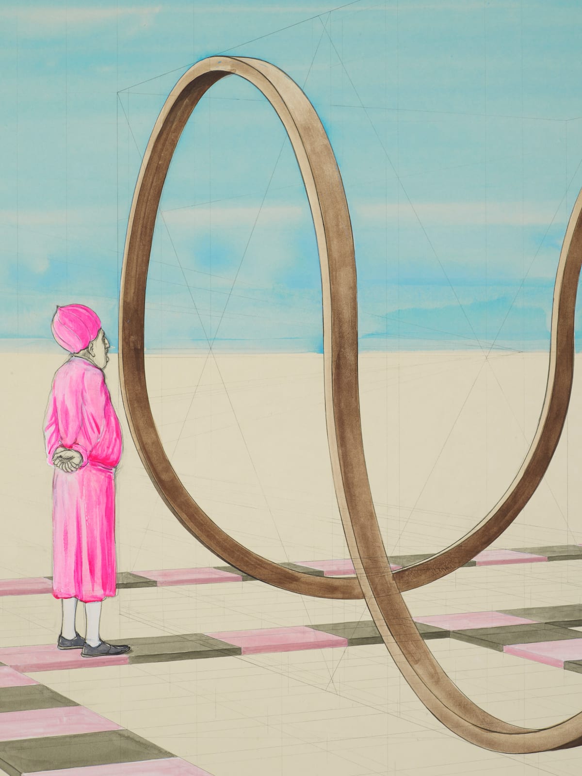 A detail of a a mixed media drawing of a landscape with a square circle henge in the middle and three people around it.