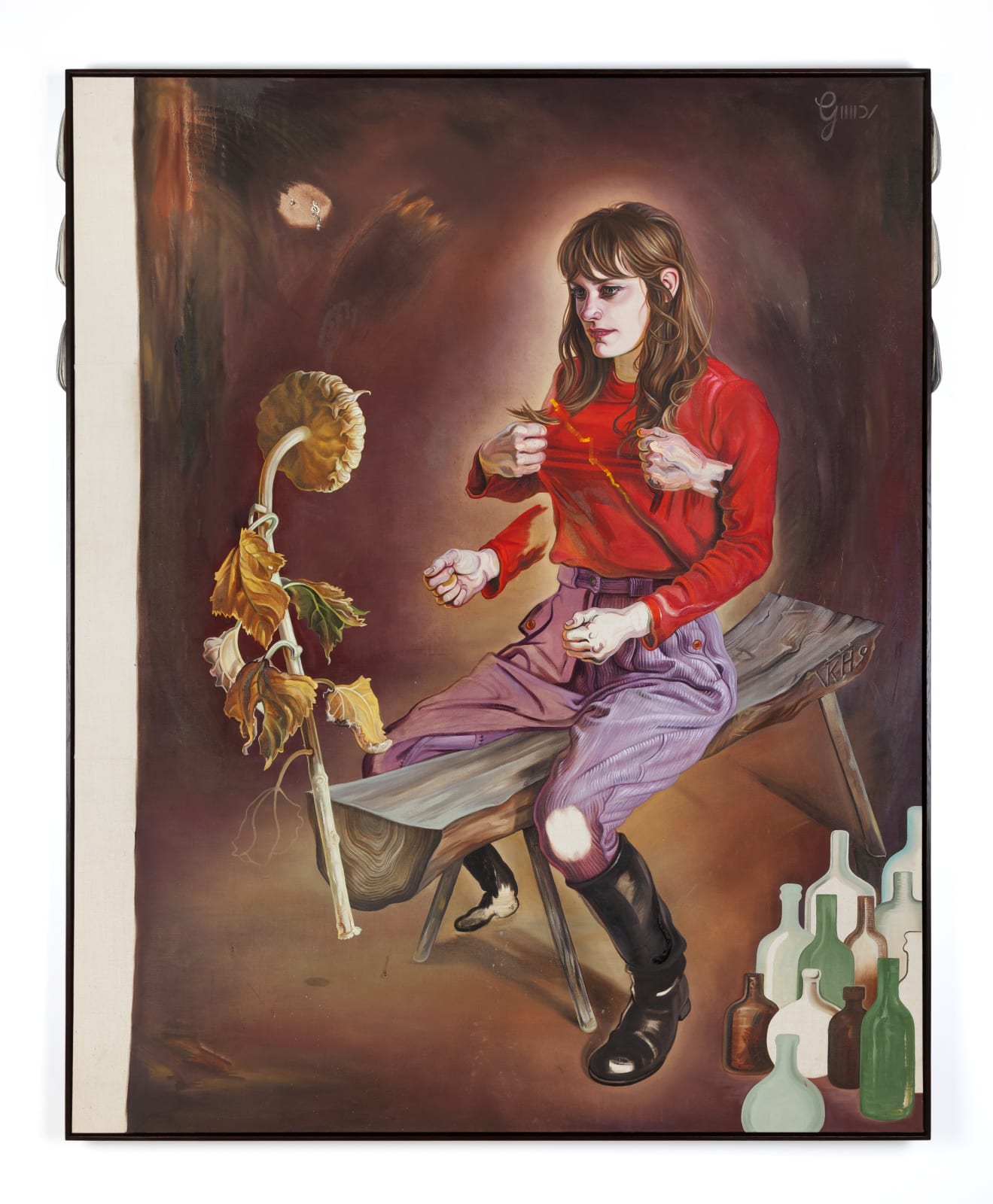 image of an oil painting in an artist's frame embellished with wood sculptures. the painting depicts a woman on a wooden bench facing a dead flower and being groped by disembodied hands, there are several glass bottles piled in the bottom right corner