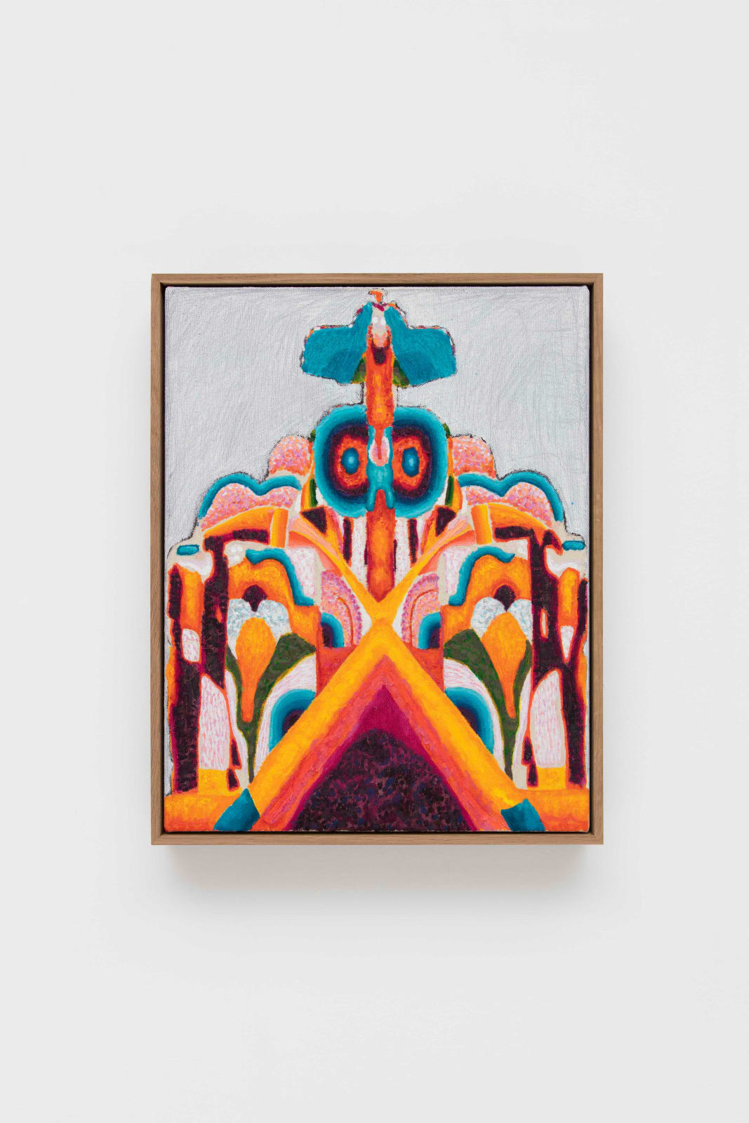 oil painting depicting brightly colored psychedelic geometric patterns against a grey background