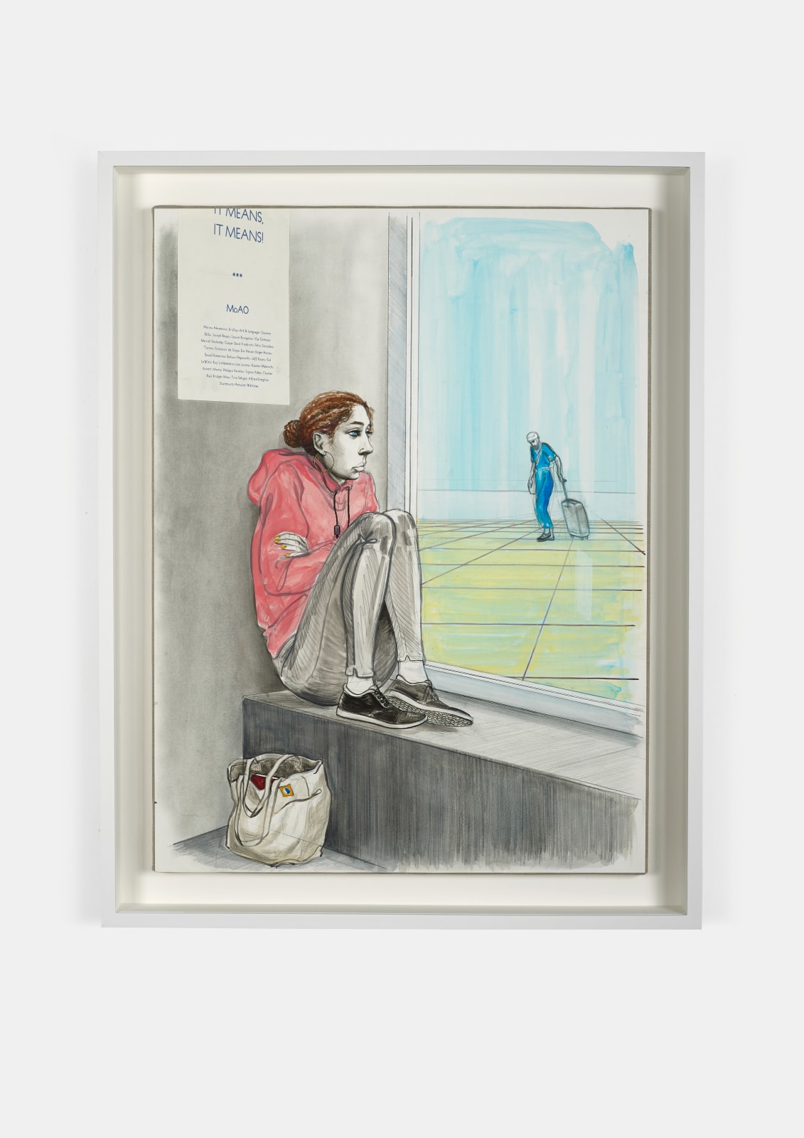 framed drawing of a girl on ledge looking out of the window, the Square Gasket lecture theatre