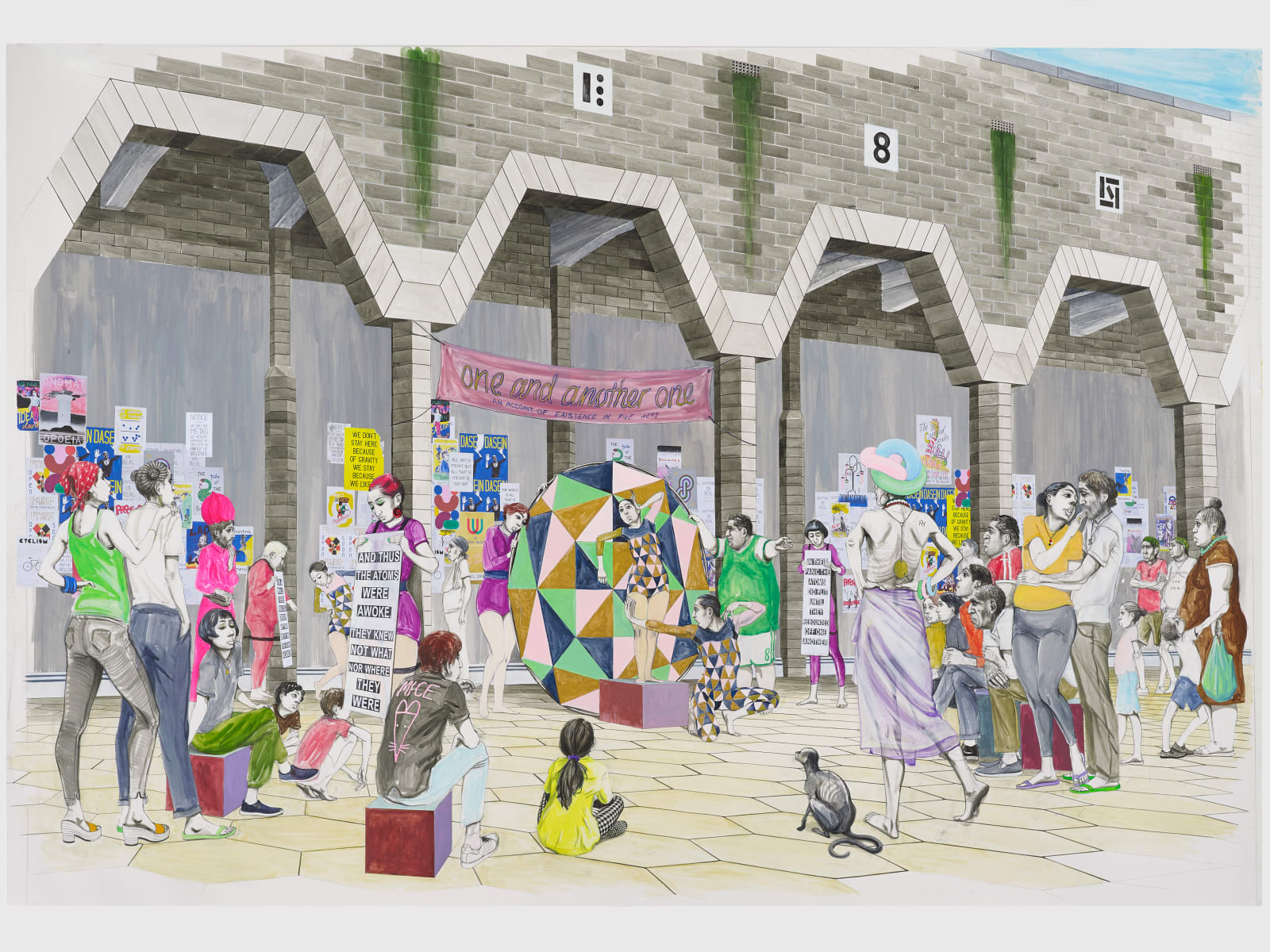 A detail of a large mixed media drawing of a side show with spectators, Onomatopoeia City Wall.