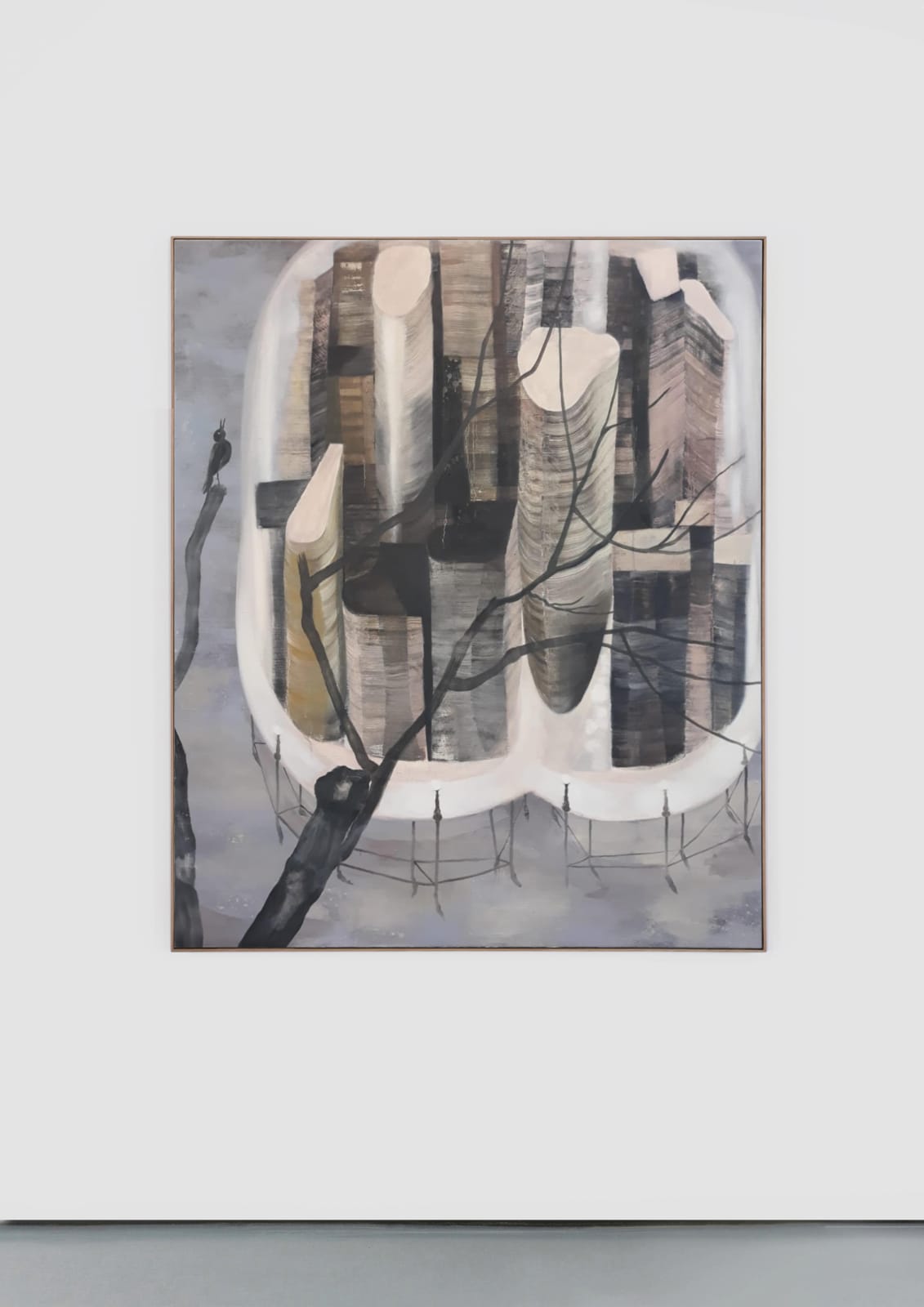 Oil on canvas depicting a city held on a platform held up by stilts