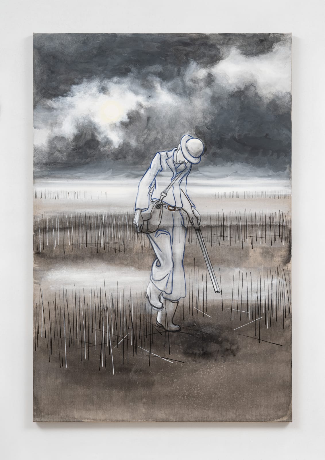 acrylic painting depicting a translucent man walking through a dark landscape