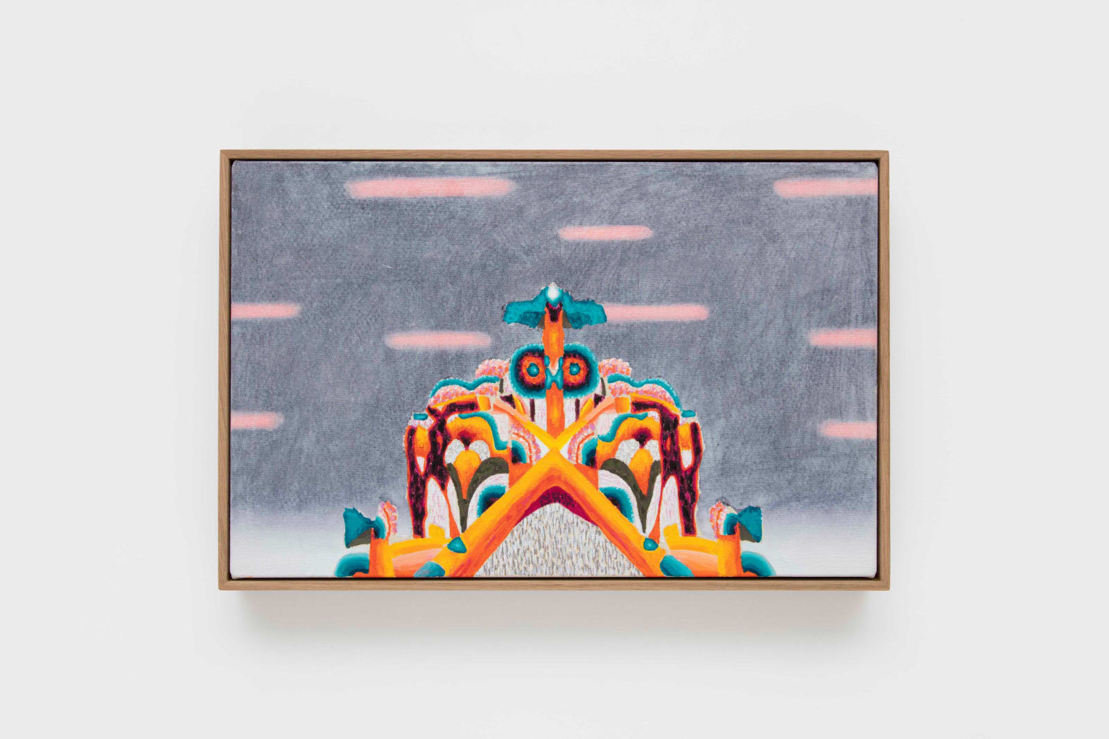 oil painting depicting a brightly colored psychedelic figure against a grey blue background with pink linear cloud-like shapes