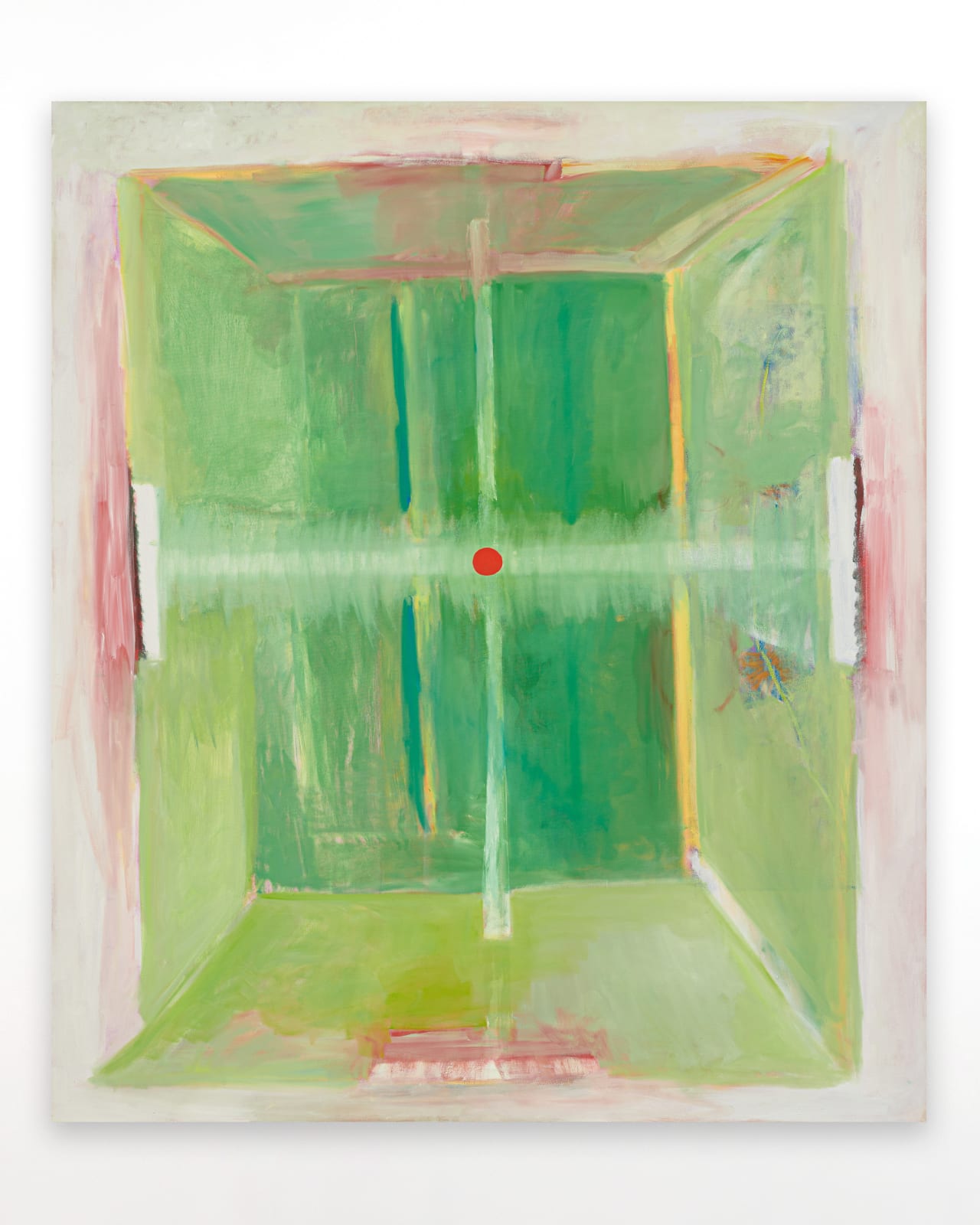 abstract painting of a dream-like green architectural space, enclosing a centralized cross shape that comes to a centerpoint at a small red dcircle. light glowing pink frames the entire image