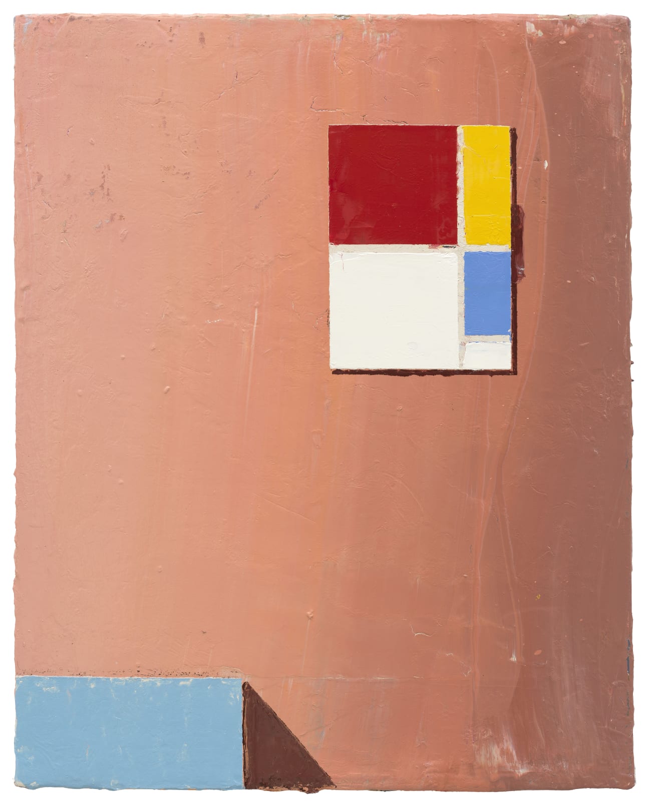 oil painting depicting a geometric abstract painting on a pink wall with a blue object casting a shadow on the lower left corner