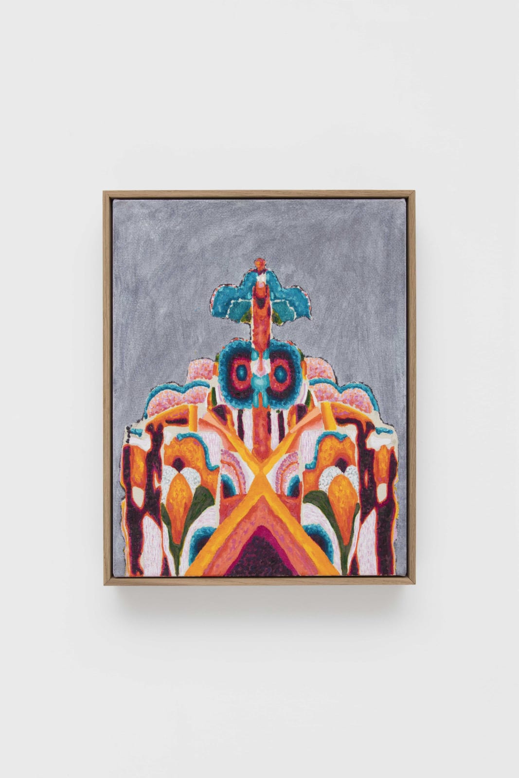 oil painting depicting brightly colored psychedelic geometric patterns against a grey background