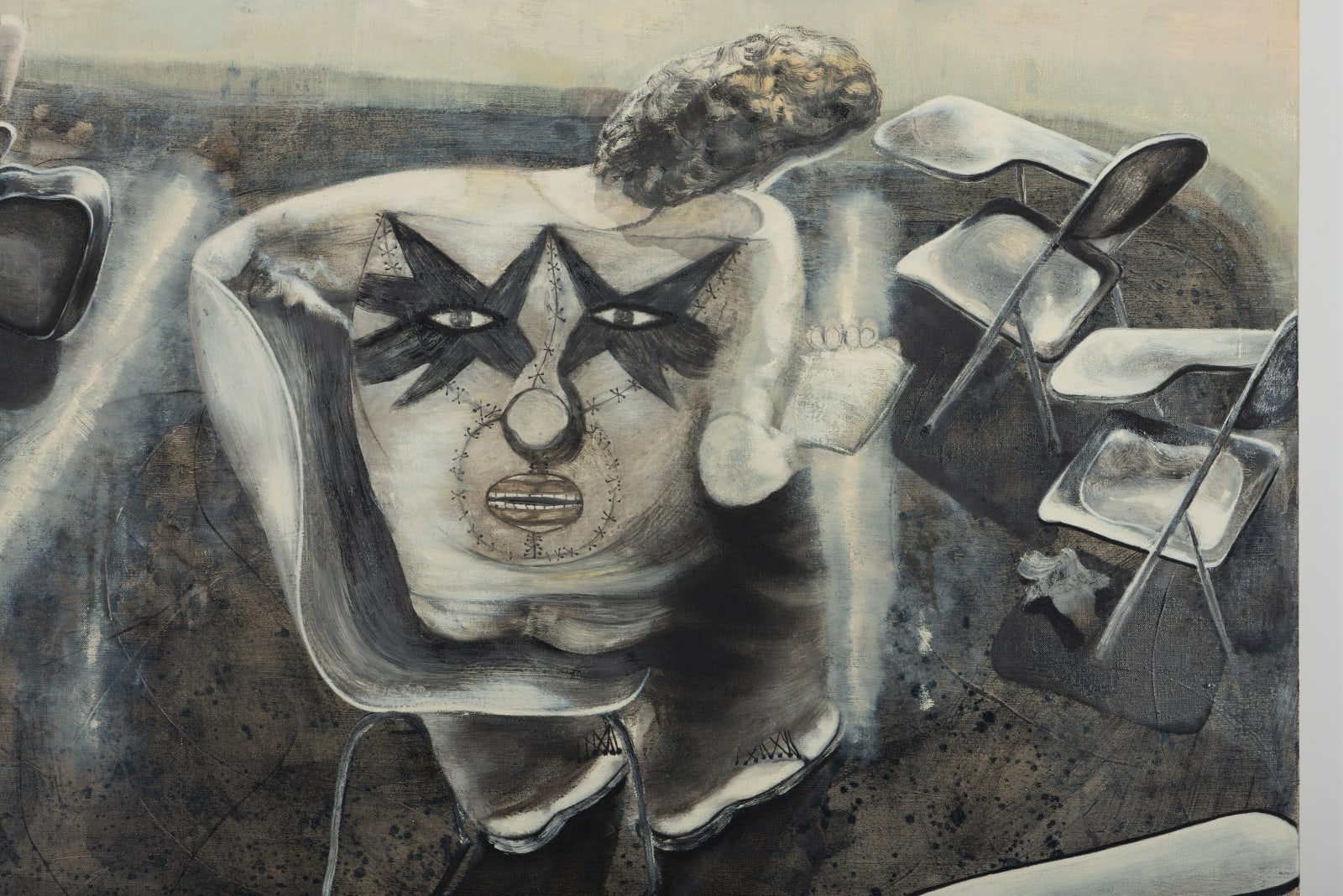 An oil on canvas depicting a nude woman sitting in a chair facing a skeleton propped up in the corner of a room.