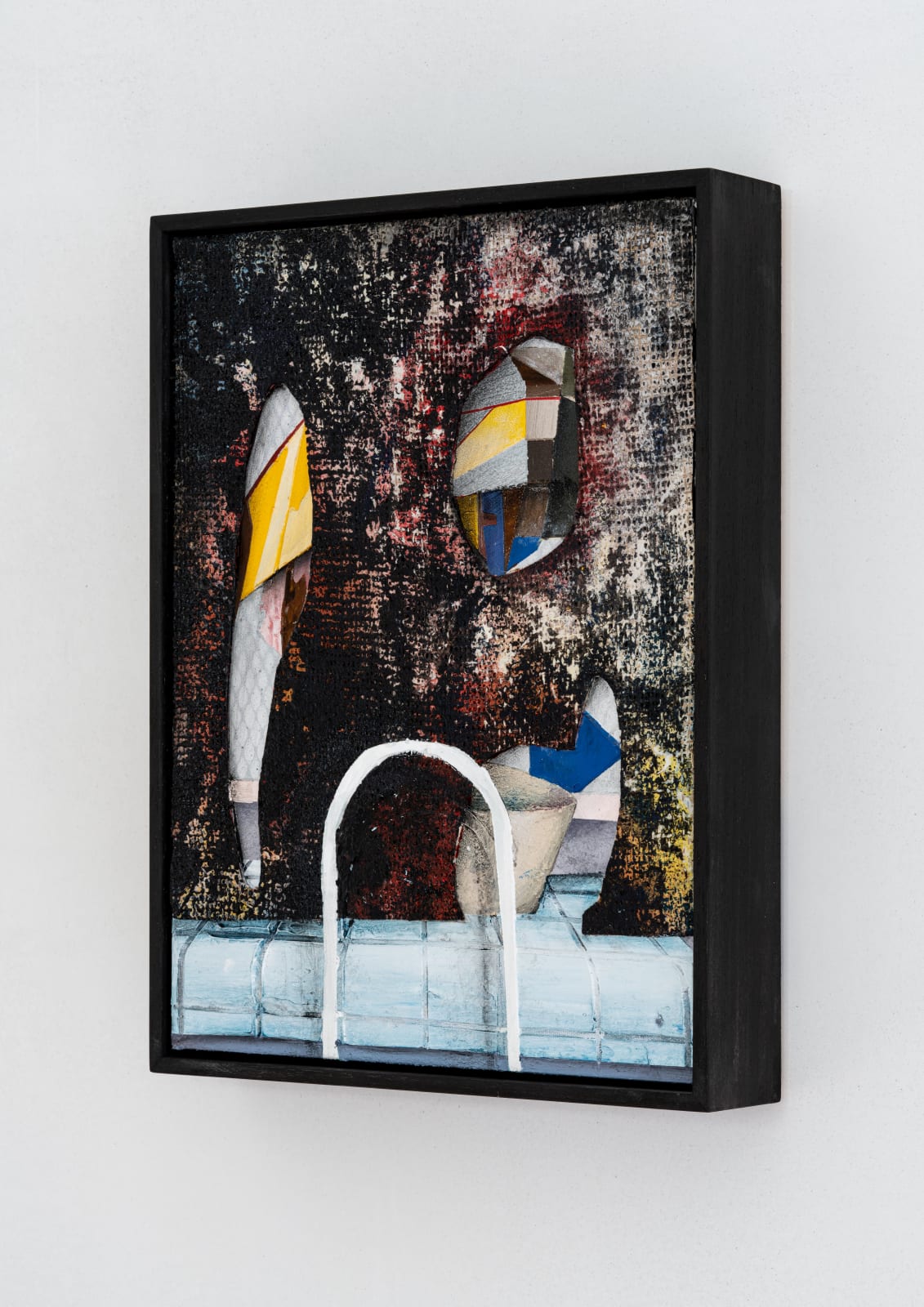 slanted angle of a multi media painting depicting surreal geometric figures along the side of a pool