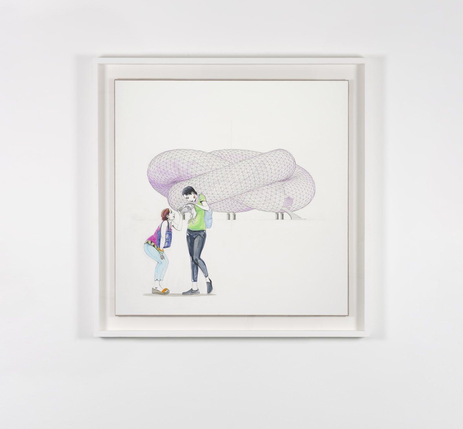 A mixed media drawing of a couple with a pet in front of a Pavilion with a blank background, mounted on a white wall.