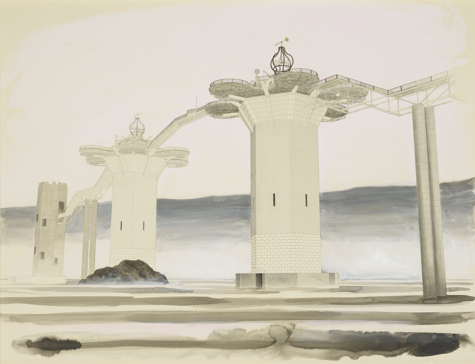 A mixed media drawing of monumental towers in a deserted landscape, with a cloudy sky in the background.