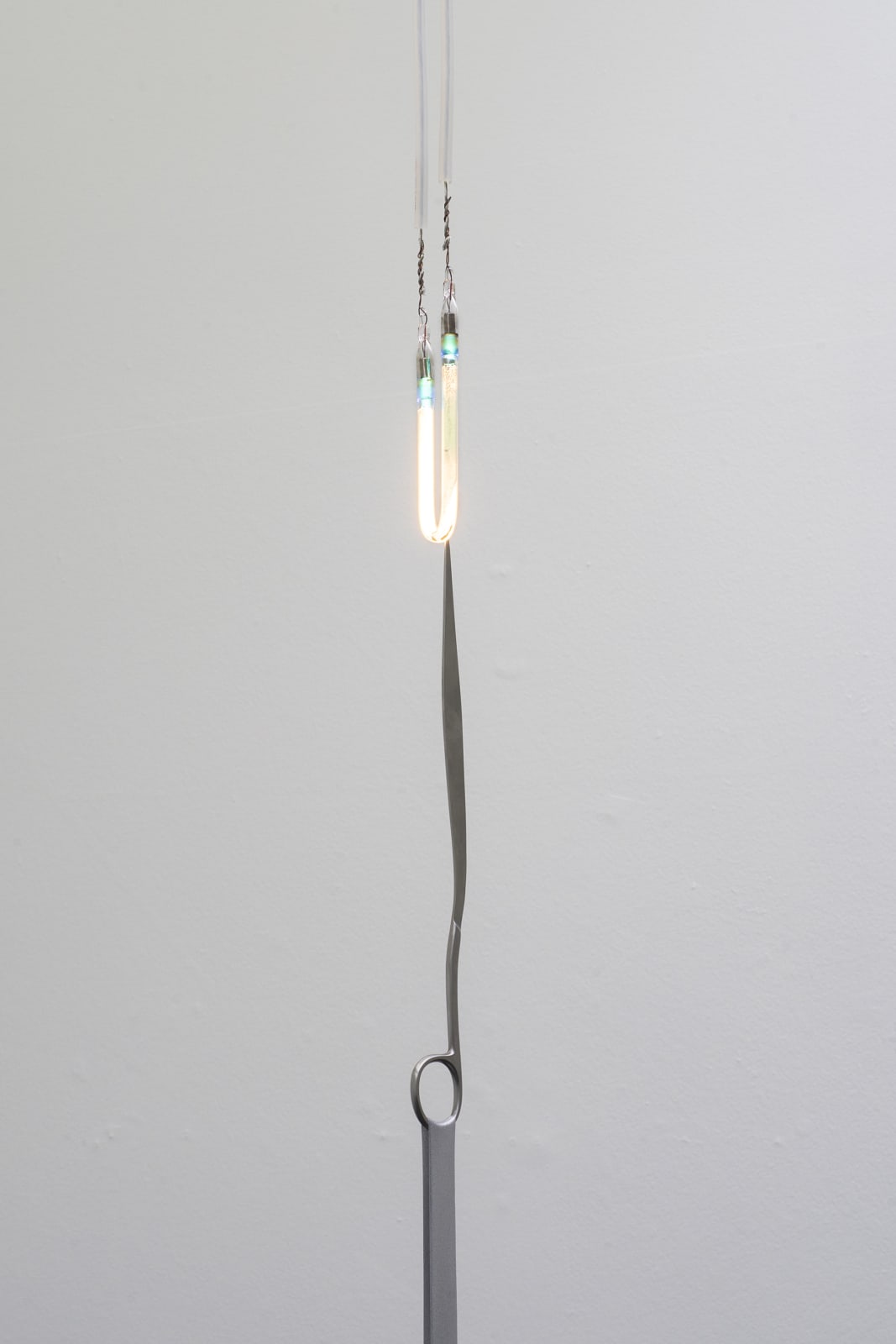 An image of a curved neon bulb suspended over a piece of vertical silicone rubber against a white wall.