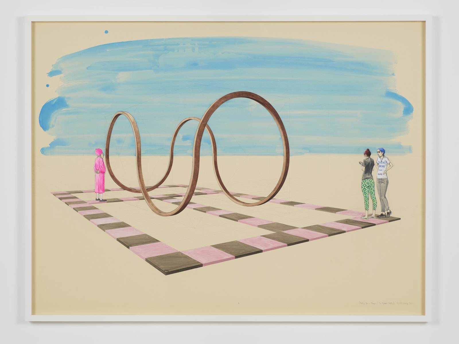 A mixed media drawing of a landscape with a square circle henge in the middle and three people around it, framed in white.