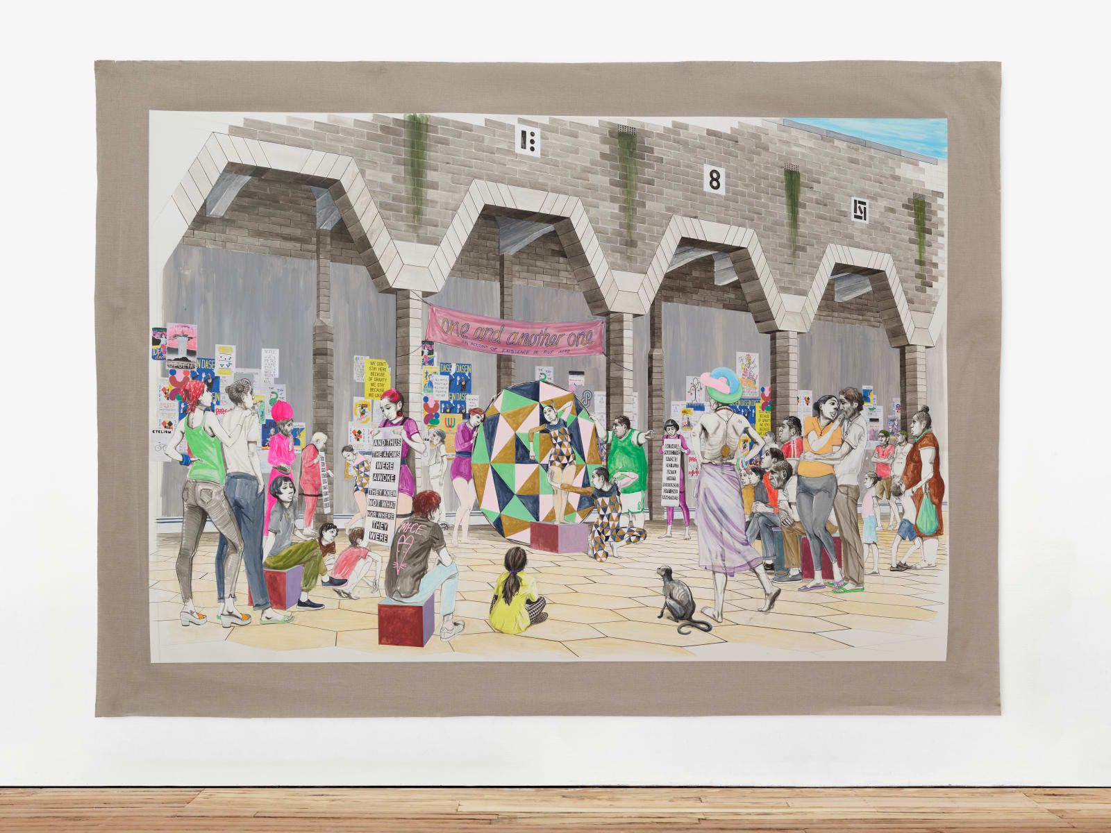 A large mixed media drawing of a side show with spectators, Onomatopoeia City Wall, mounted on linen and hung on the gallery wall.