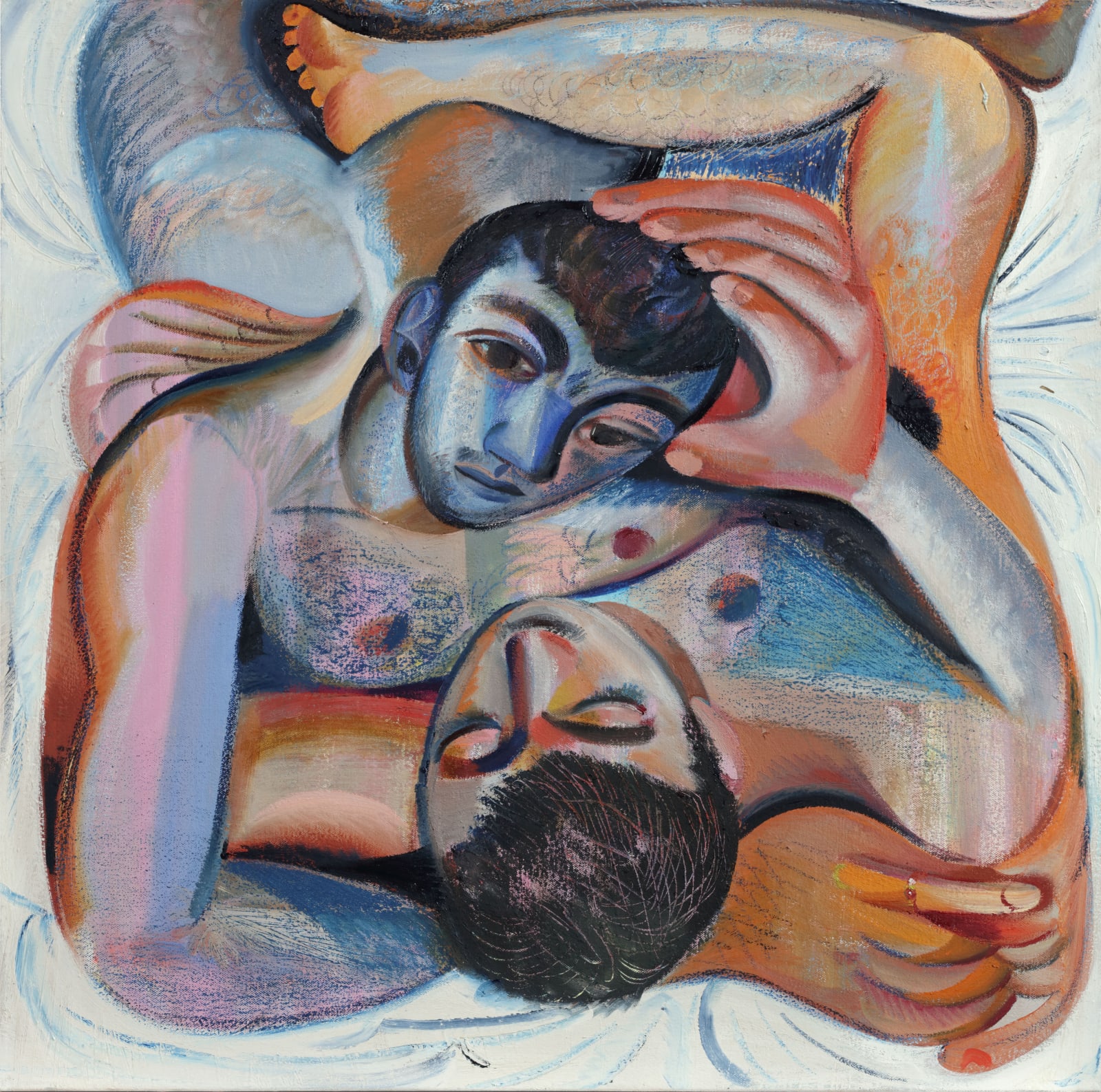 Oil and crayon on canvas of two nude lovers holding one another in bed