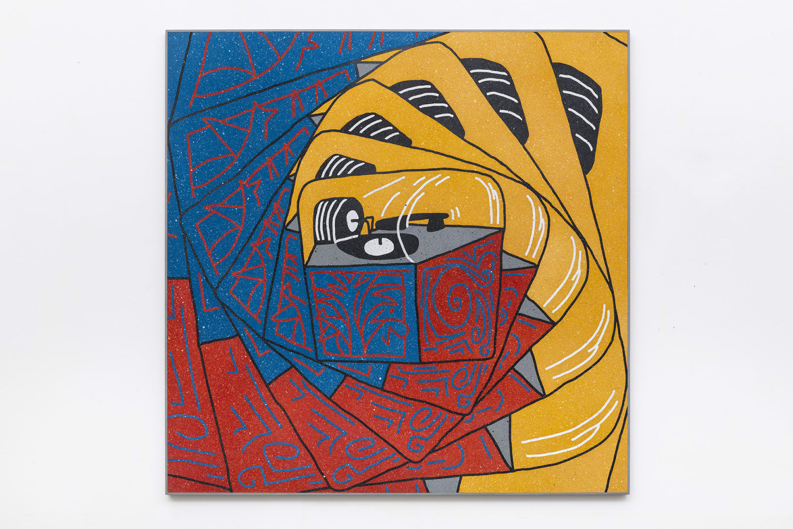 Mixed media piece depicting a spiraling mobile phone pattern.