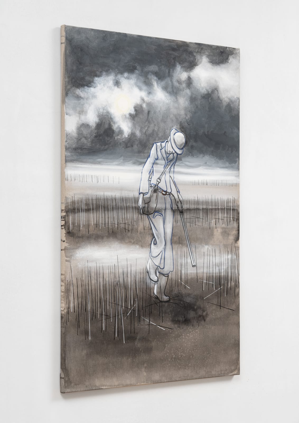 acrylic painting depicting a translucent man walking through a dark landscape