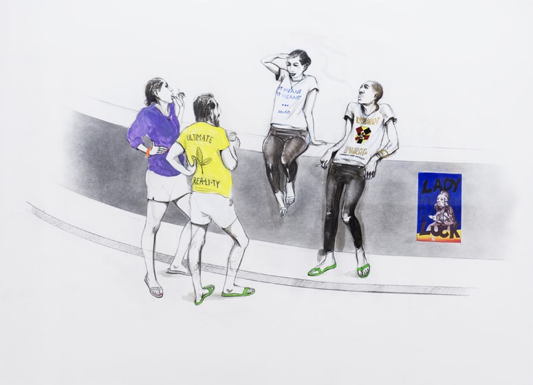 A mixed media image of four young people smoking and conversing amongst each other.