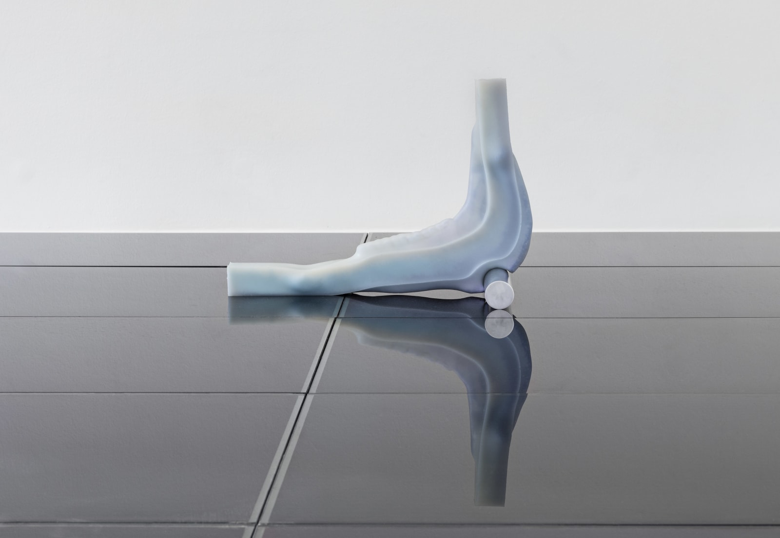 A light blue silicone prosthetic resting on a gallery floor.