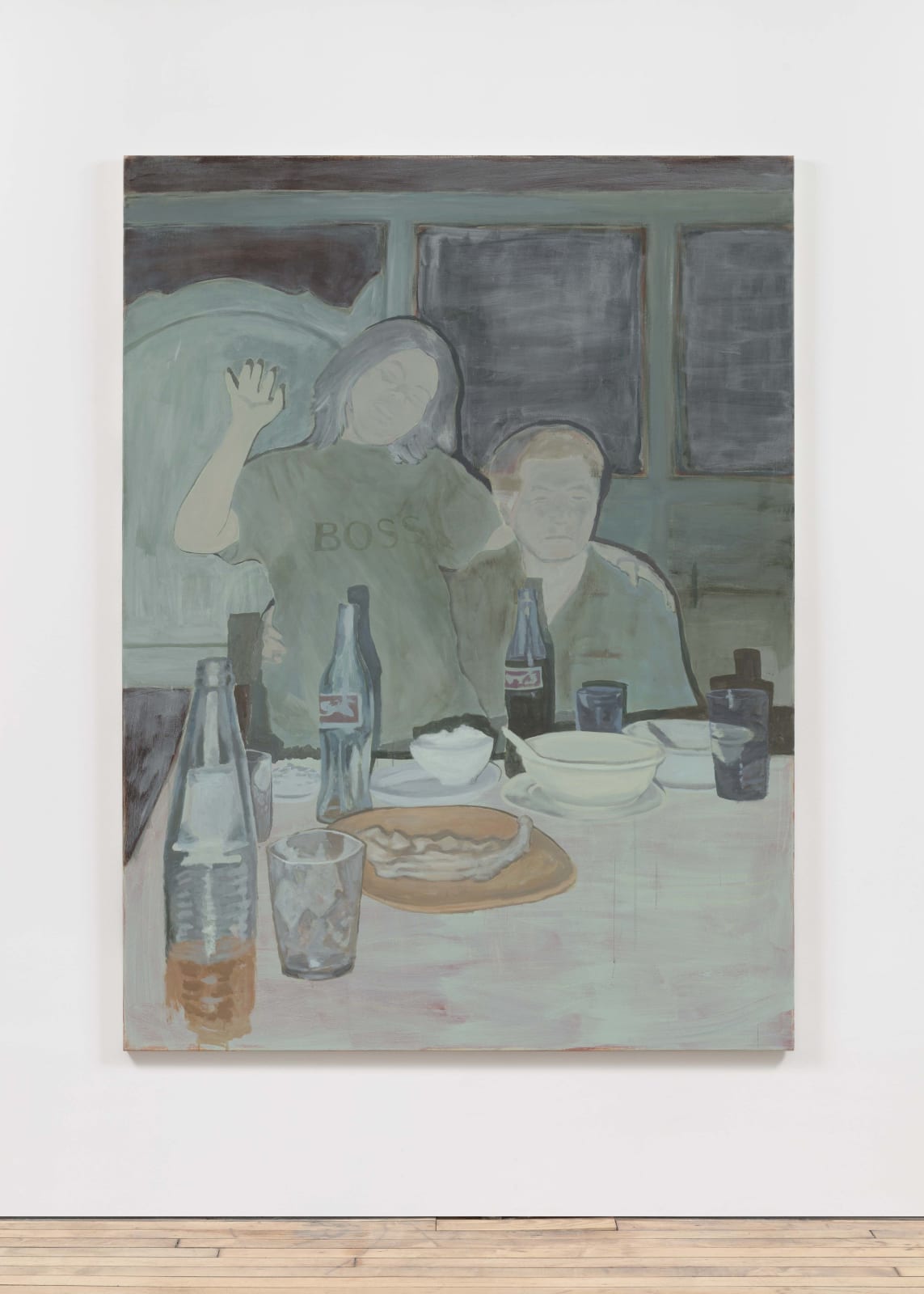 mixed media painting depicting two people at the end of a table with various dishes and bottles
