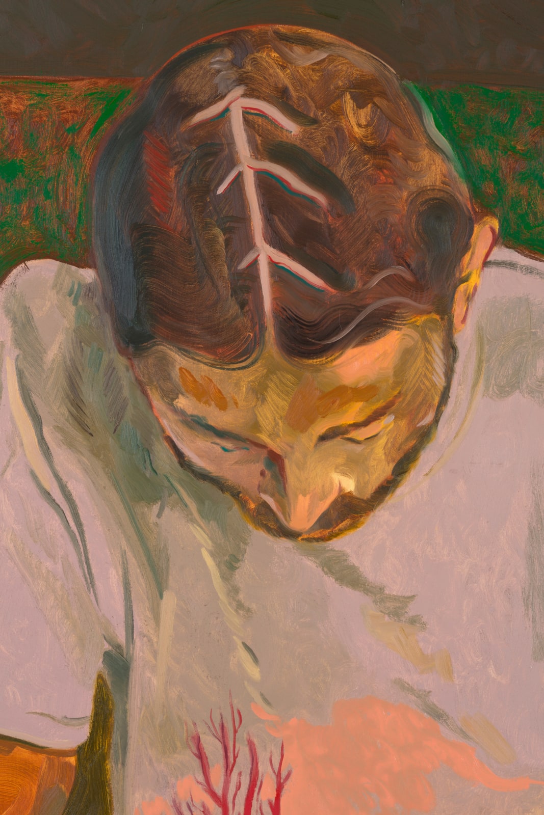 painted abstract image with main hues of red and green of a man leaning down at some shells on a red countertop. organic shapes float upward from the counter and are reflected on his scalp.