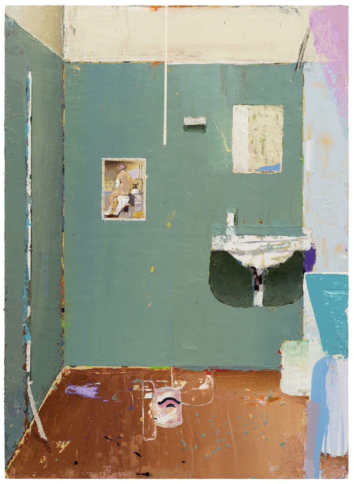 oil painting depicting an interior scene of a bathroom with a full tub slightly out of frame