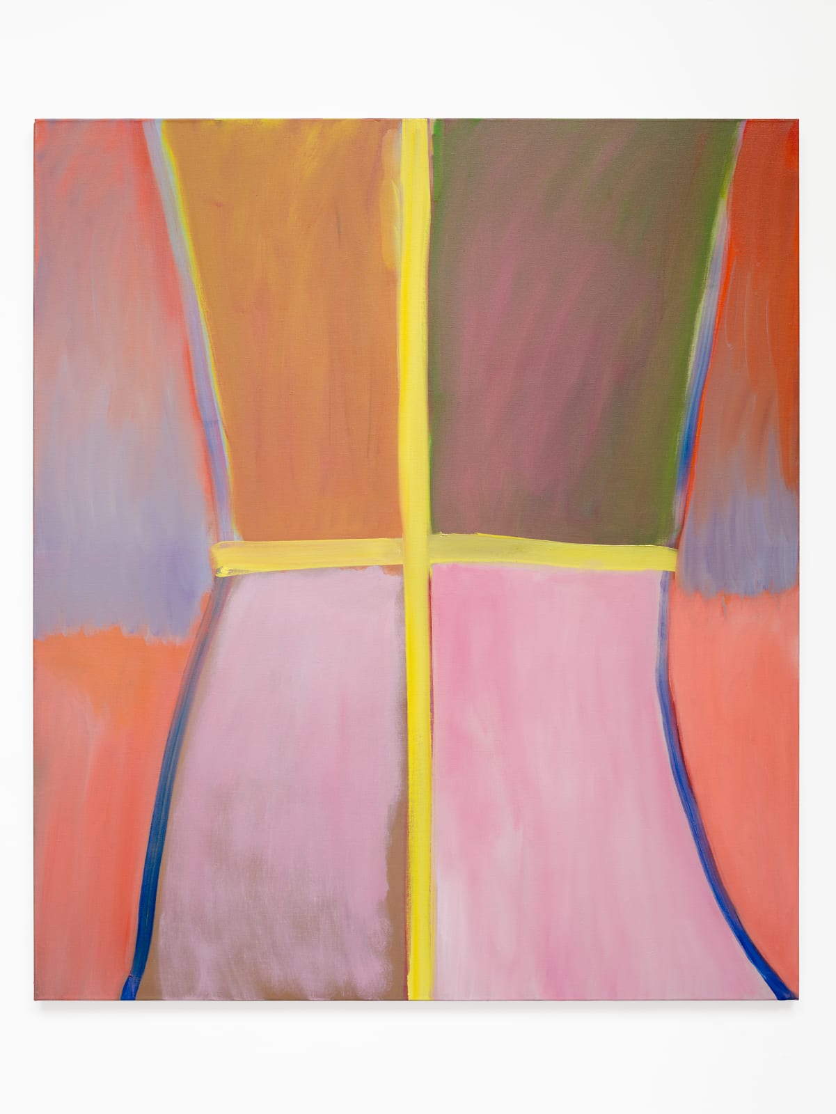 abstract oil painting showing bright colors divided into fours the long external lines diving the parts of the whole are slightly curved.