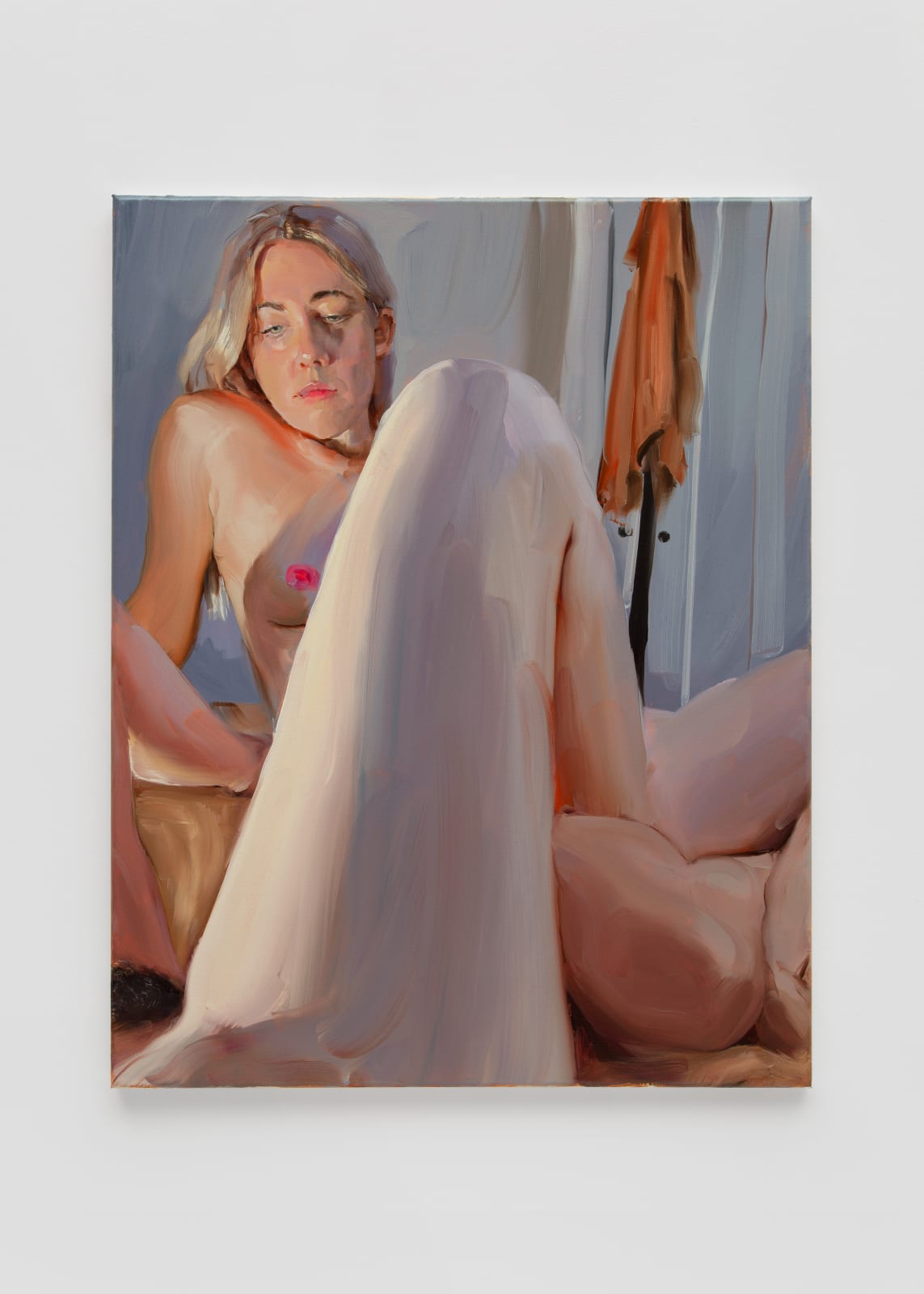 oil painting depicting a first person perspective view of a naked thigh draped over the leg of another nude woman, whose head and torso is mostly visible