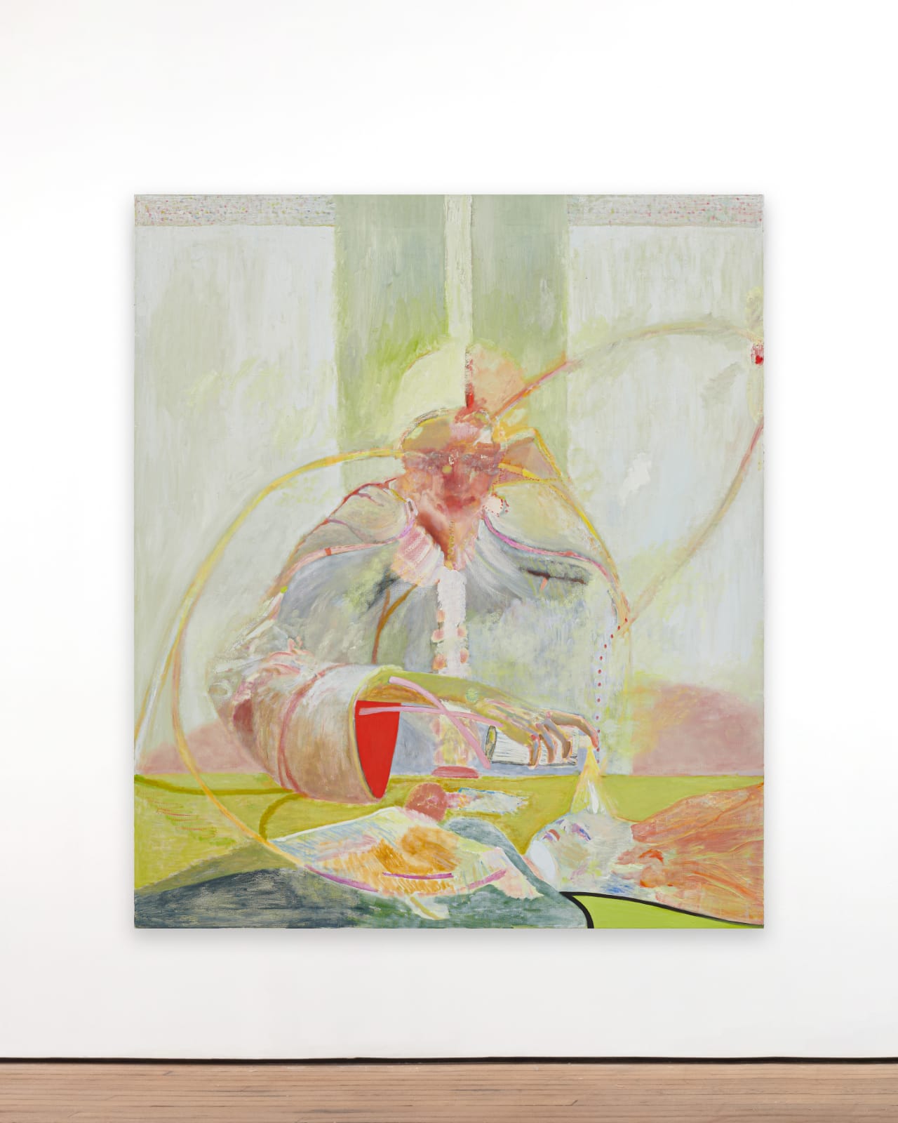 a sorcerer-like figure suspends their hand over a subject who is laying face-up on their back. ethereal swirling lines frame the ritual occurring, working in tandem with the glow of the work's soft colors.