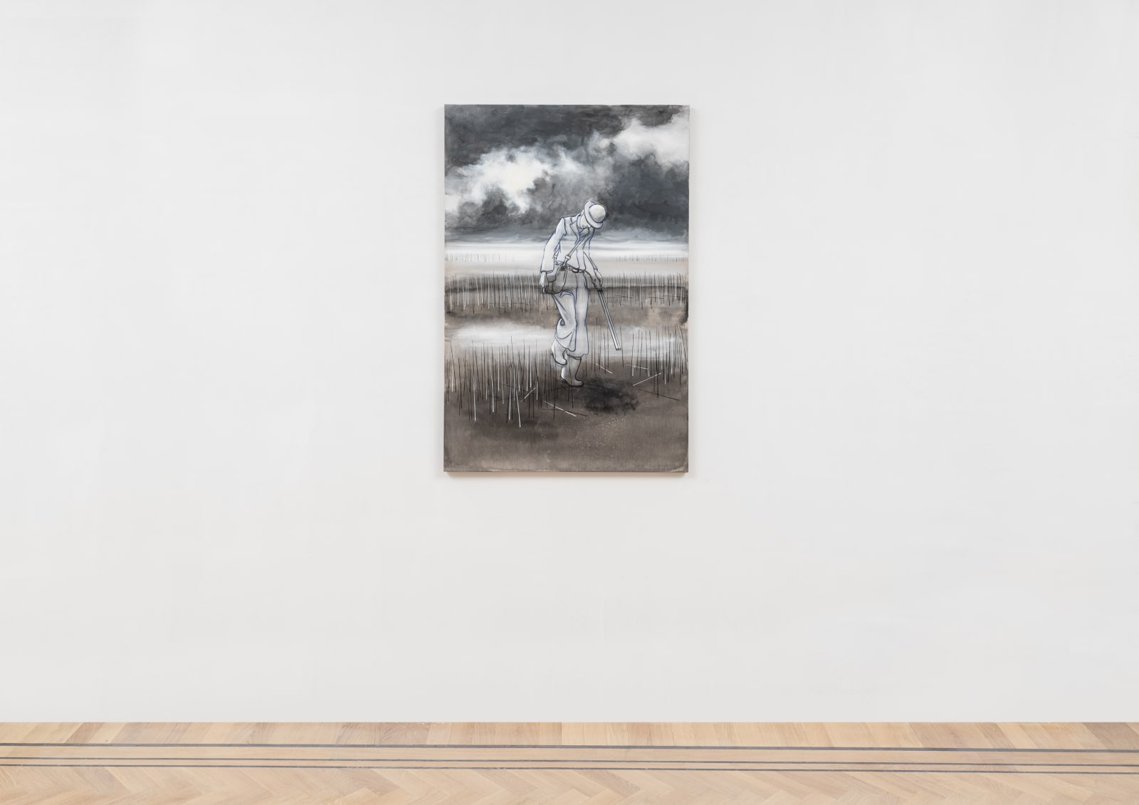 acrylic painting depicting a translucent man walking through a dark landscape