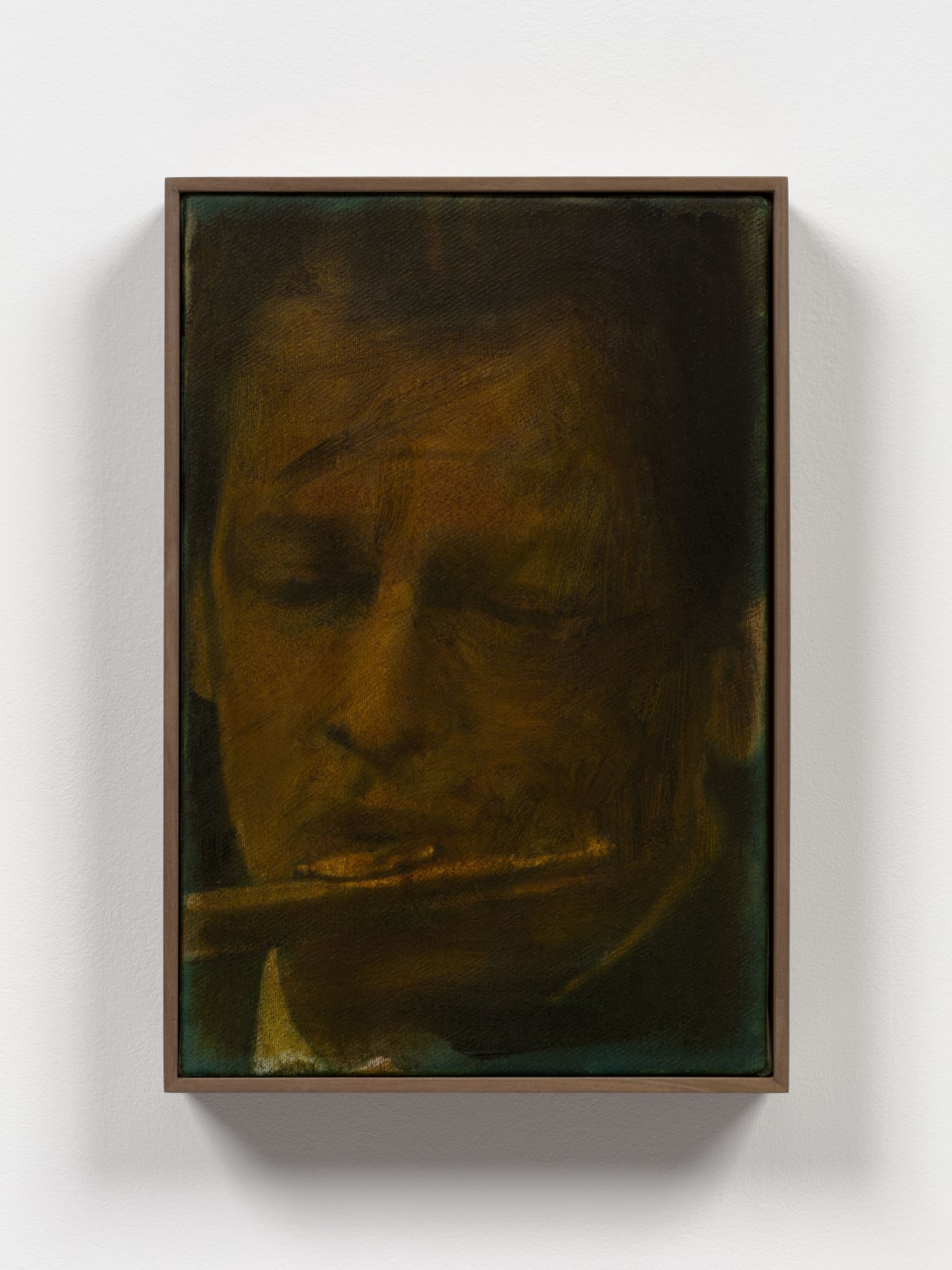 oil painting depicting the head of a man playing the flute
