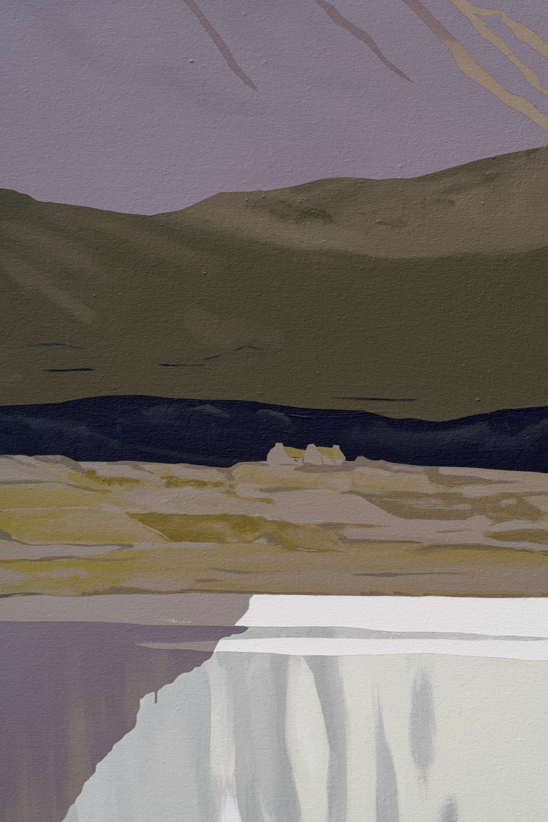 An acrylic on canvas of a underneath a massive mountain.