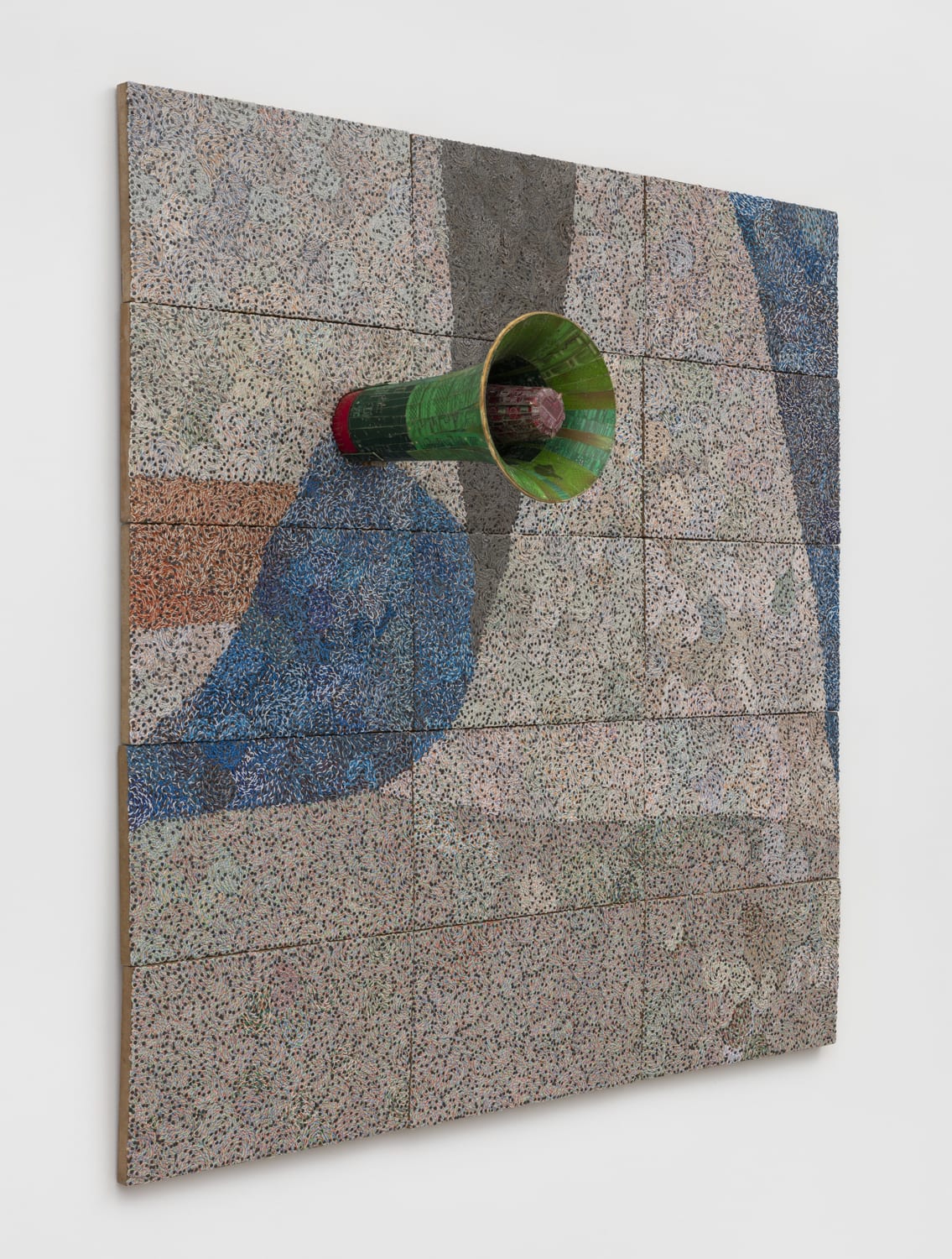 a large mixed media work using reclaimed electrical wires and components on panel, characterized by organic shapes and a protruding megaphone