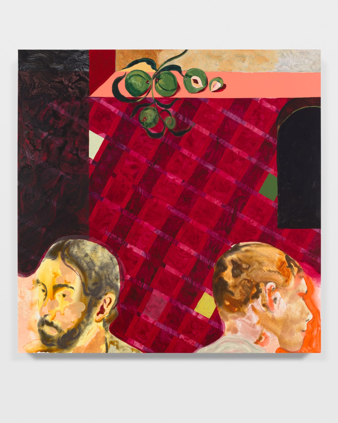 painted image with a maroon lattice pattern background topped with some overhanging green fruits which are posed above two men looking in two different directions.