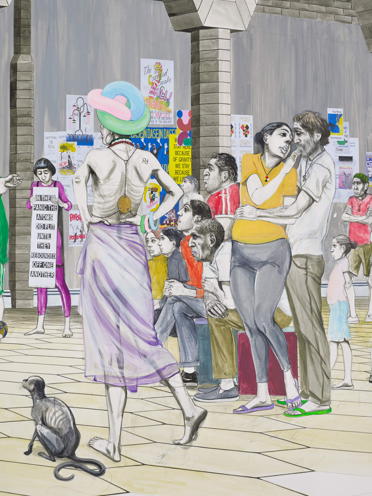 A detail of a large mixed media drawing of a side show with spectators, Onomatopoeia City Wall.