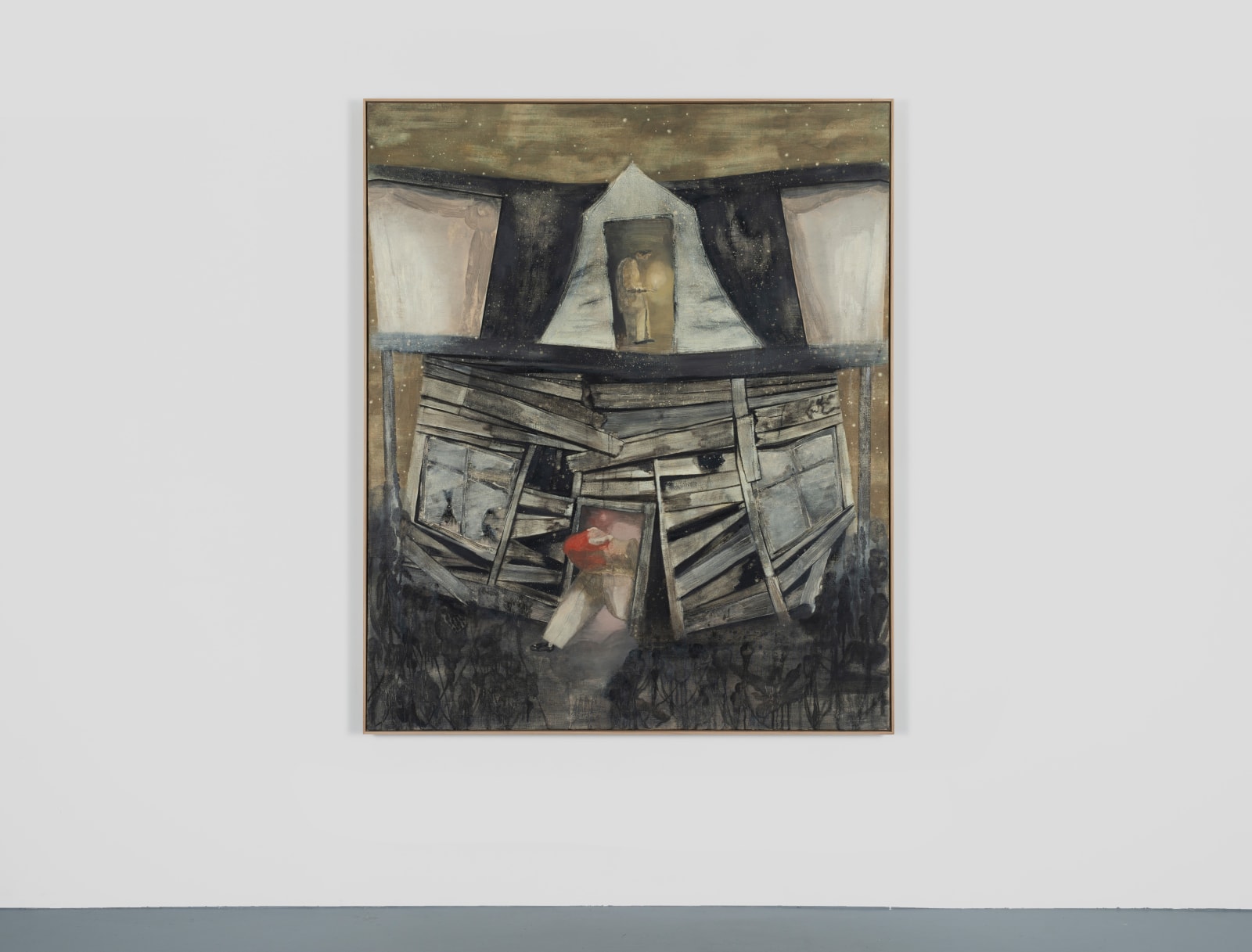 An oil on canvas depicting two figures standing inside of a dilapidated house