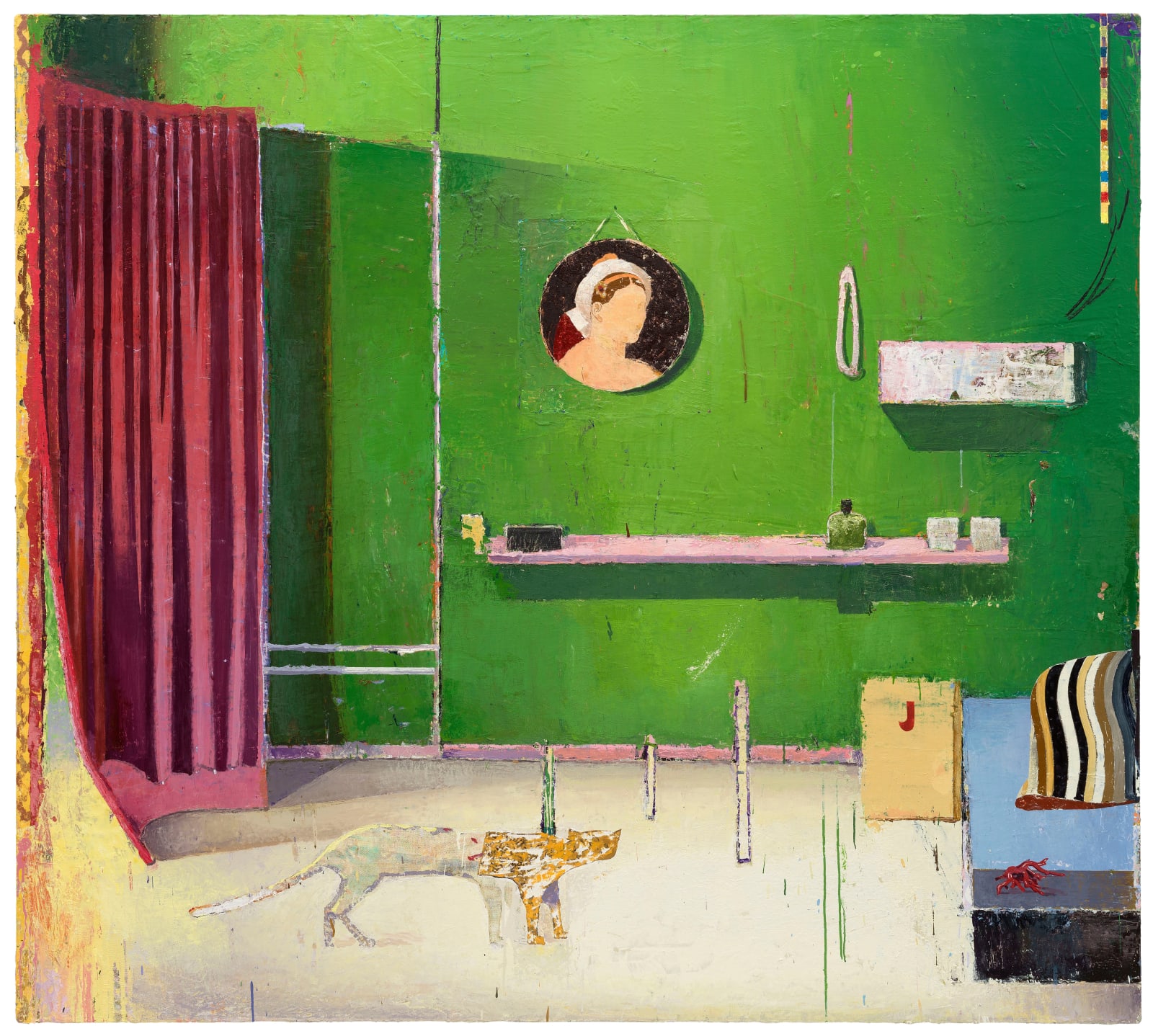 oil painting depicting an interior scene of a cat in a furnished green room